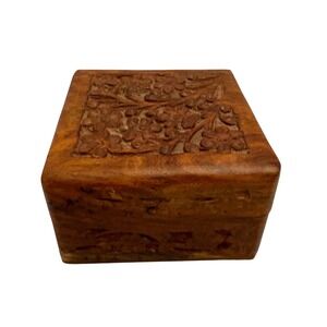 Vintage Disneyland Wooden Trinket Box Floral Carving Keepsake Jewelry Organizer